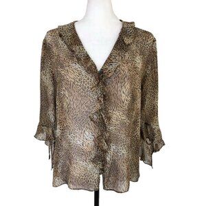 CHICO'S DESIGN 100% Silk Blouse Top Size 1 Animal Print Semi-Sheer Ruffle Front